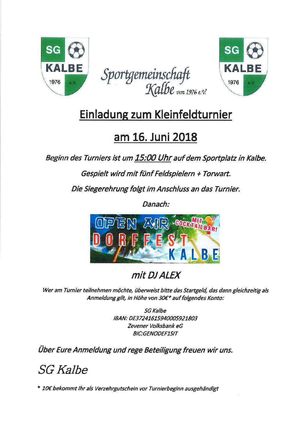 Der Countdown läuft: Kleinfeldturnier der SG Kalbe findet am 16.06.2018 statt