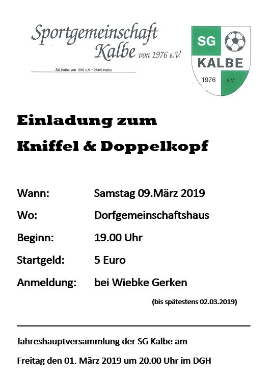 Einladung zum  Kniffel & Doppelkopf am Samstag den 09.März 2019