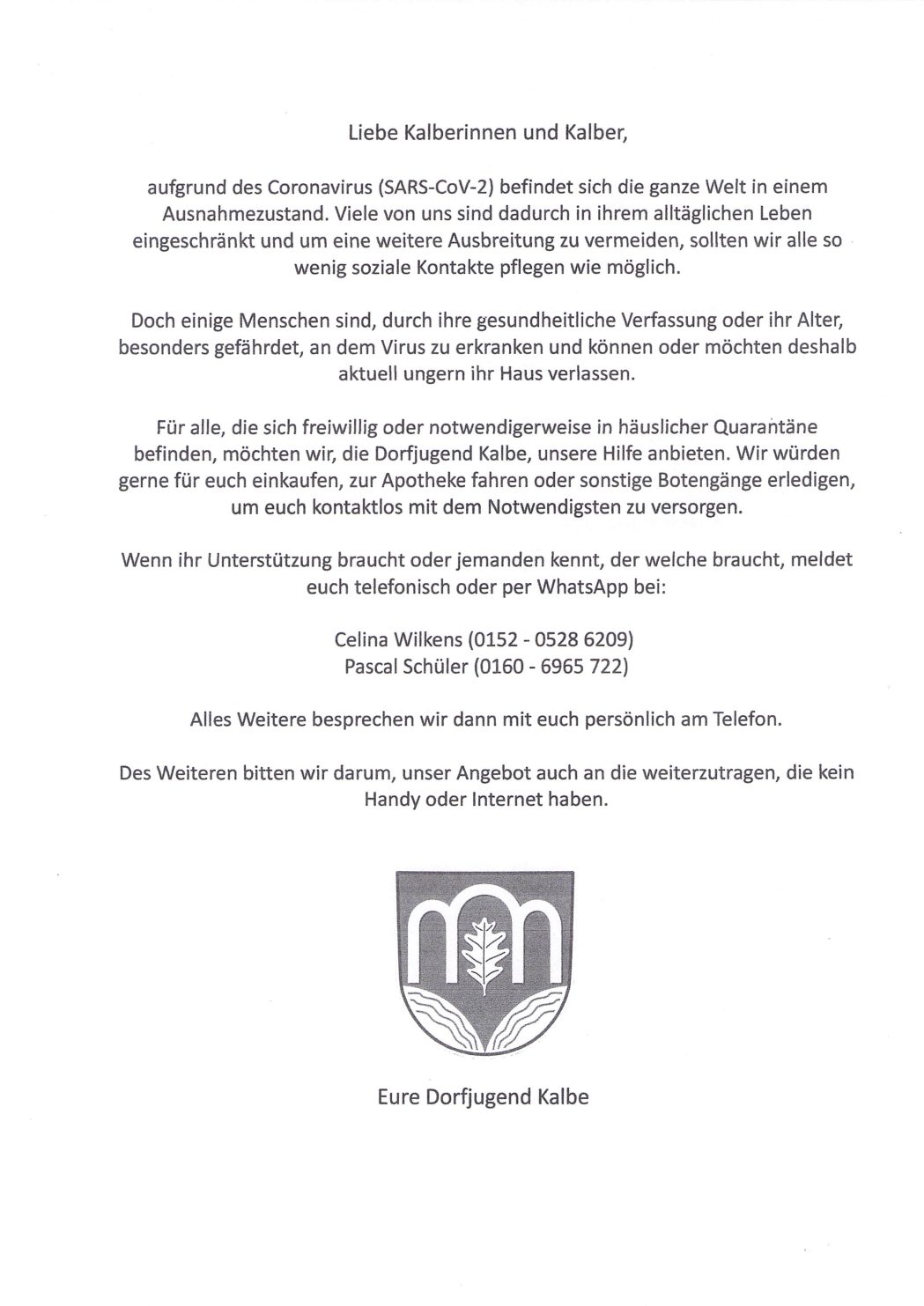 Gemeinsam gegen Corona – Wer braucht Unterstützung? Dorfjugend Kalbe ist für euch da!
