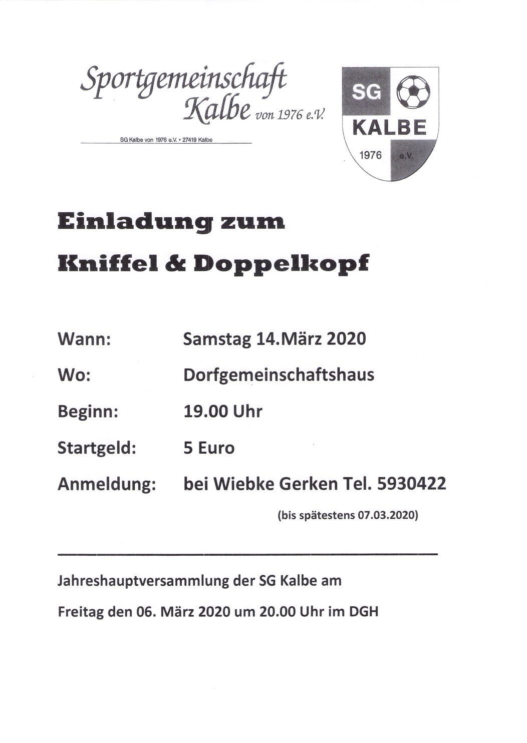 !!! Entfällt !!! Einladung zum Kniffel & Doppelkopf am Samstag den 14. März 2020
