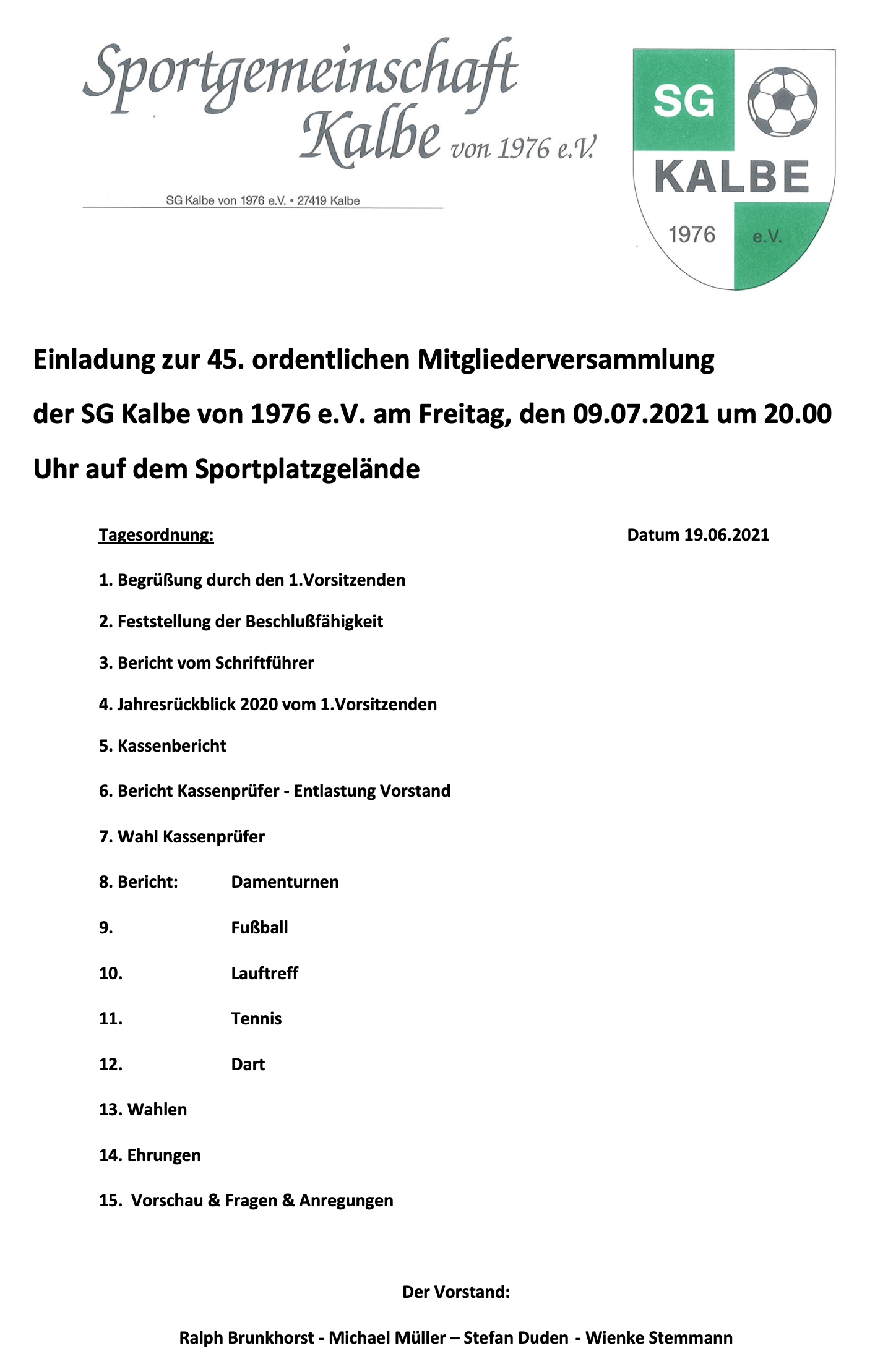 Tagesordnung zur 45. ordentlichen Mitgliederversammlung