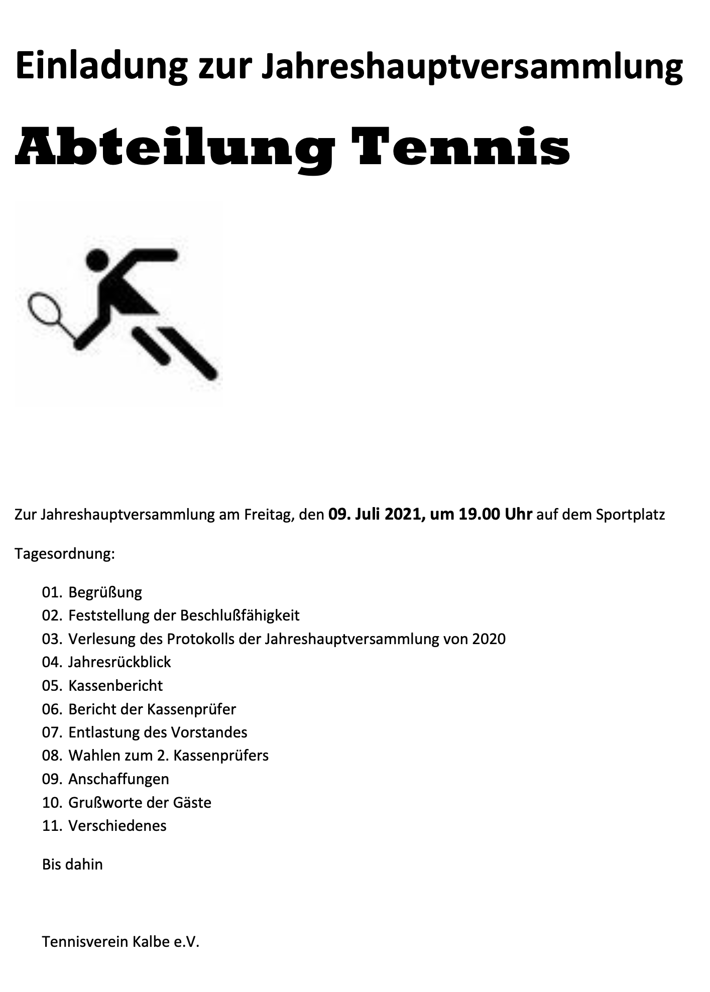 Einladung zur Jahreshauptversammlung Abteilung Tennis